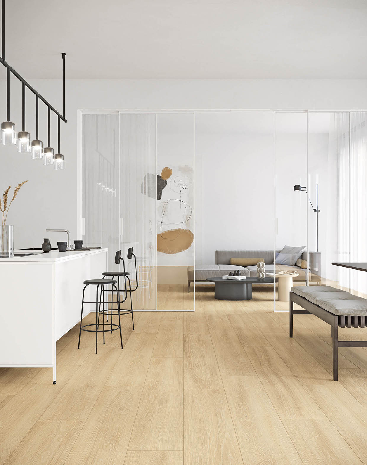 A room scene of Ridgeline Miele porcelain tiles in a modern open plan kitchen and living room setting with white walls and a white counter.